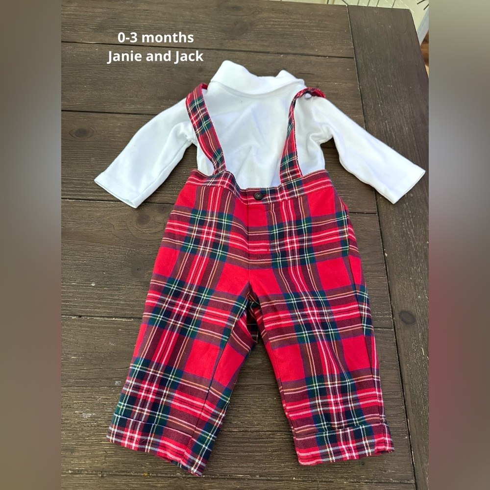 Janie and Jack Christmas tartan baby overalls and turtle neck. Size 0-3 months.